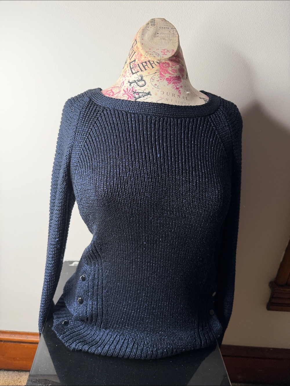 Calvin Klein Navy Crewneck Sweater with Side Button Detail